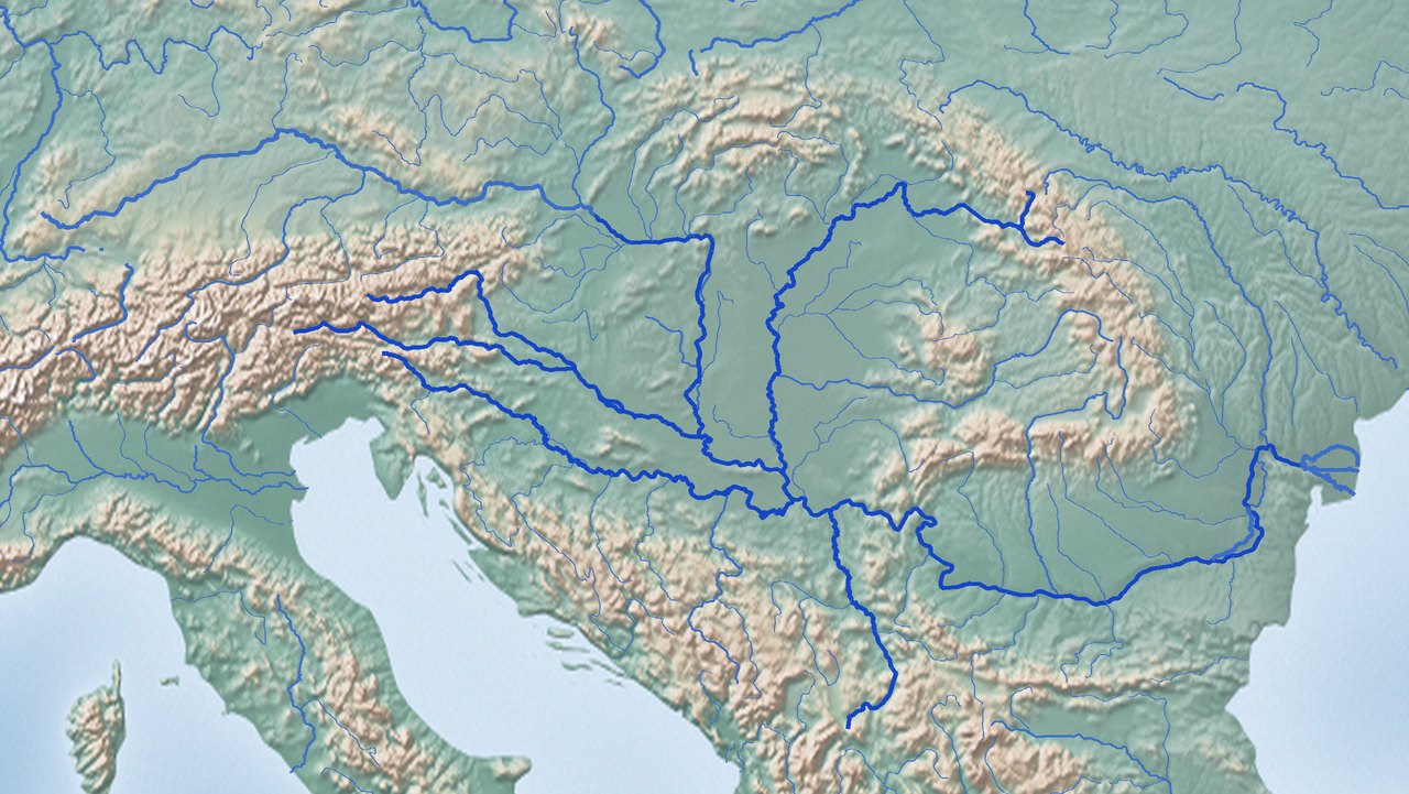 Karta: Dunav i njegove velike pritoke (rečni sistem Dunava)